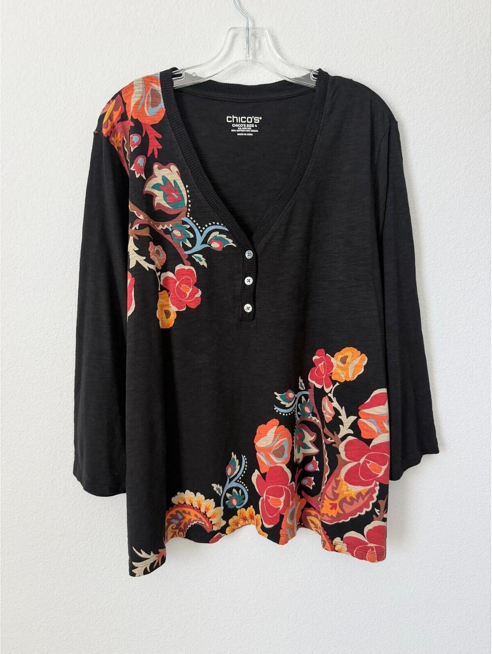 Chico's Black V-Neck Henley Top with Red Orange Floral Print